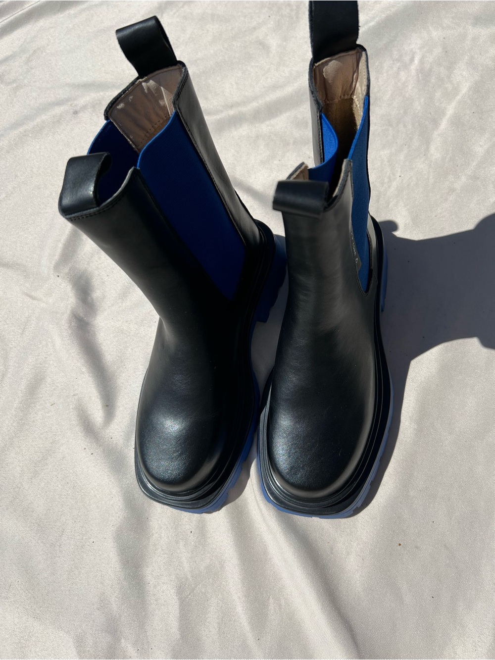NEW Women’s Black Leather Chelsea Boots with Blue Elastic Panels